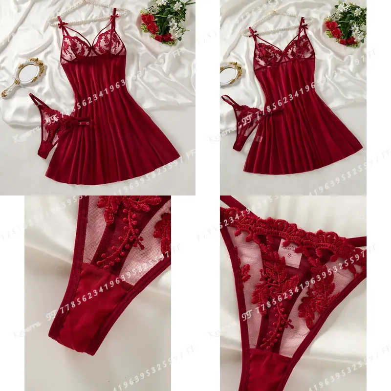 Embroidery Design - Wino-czerwona damska koszula nocna w stylu