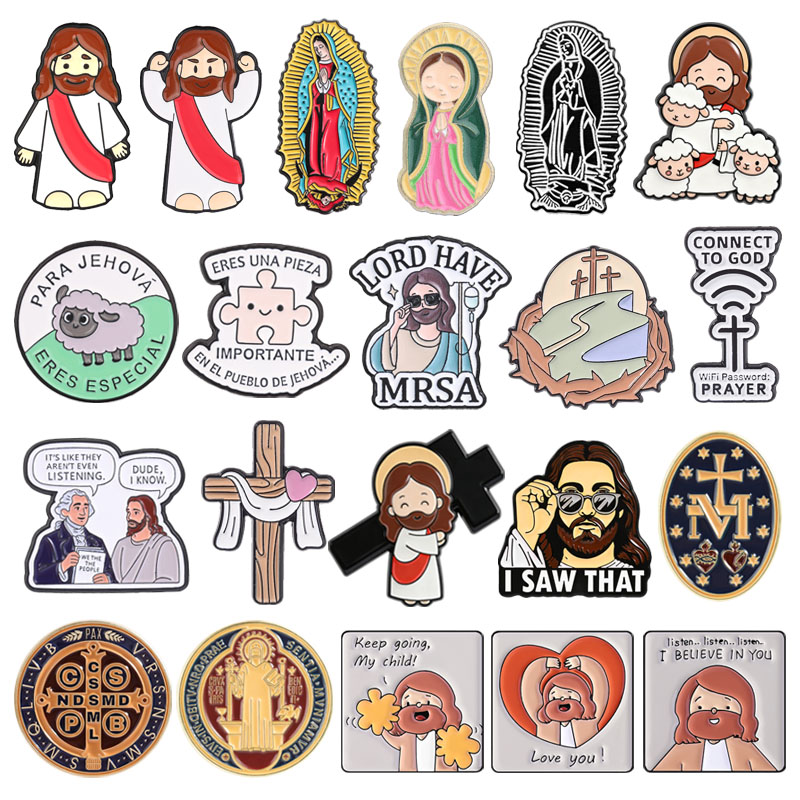 Embroidery Jesus - Przypinki emaliowane z krzyżem katolickim Jezusa,